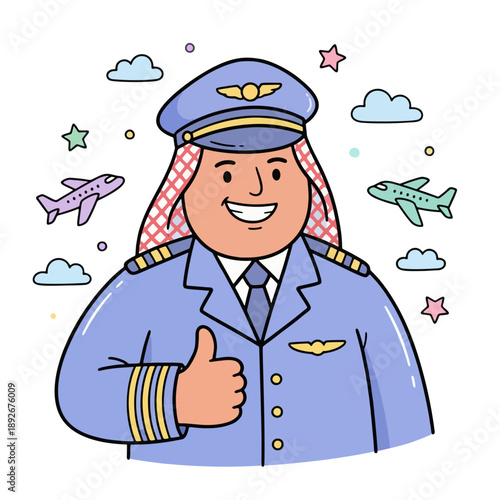 Cartoon Pilot Wearing Hijab Giving Thumbs Up.