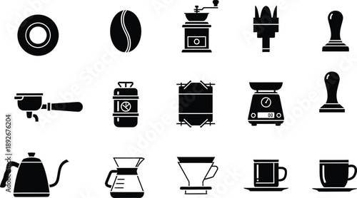 A comprehensive set of black silhouette icons representing coffee making equipment and accessories