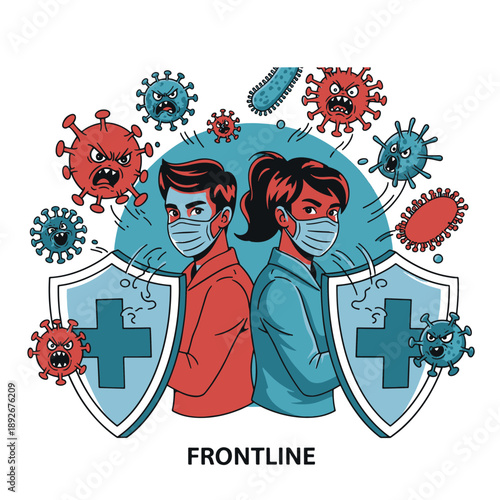 Masked Man and Woman with Medical Shields Protecting Against Viruses and Bacteria, Frontline Healthcare Illustration