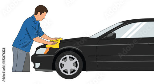 Man Cleaning the Hood of a Black Sedan with a Yellow Polishing Cloth Illustration.