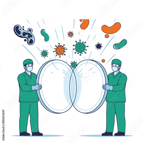 Medical Professionals Holding Transparent Shields to Protect Against Viruses and Bacteria, Symbolizing Disease Prevention and Public Health