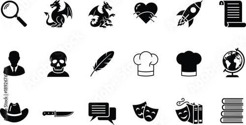 A diverse collection of black and white icons for various themes and concepts