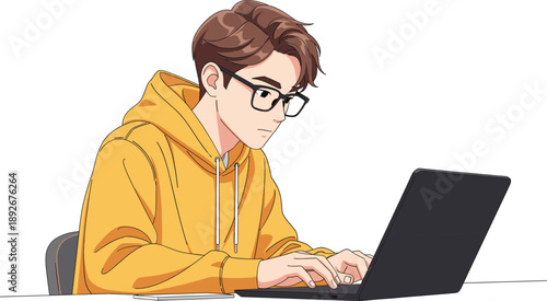 Young student working on laptop wearing hoodie and glasses, online education, remote learning, and technology concept illustration.
