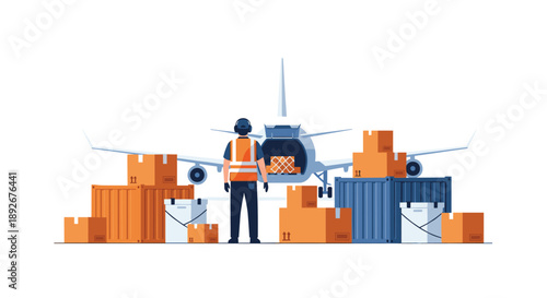 Cargo Plane Being Loaded with Containers and Boxes in Airport Logistics Hub.