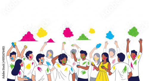 Diverse group of people celebrating Holi festival throwing colorful powder in the air concept of joy and togetherness flat vector illustration