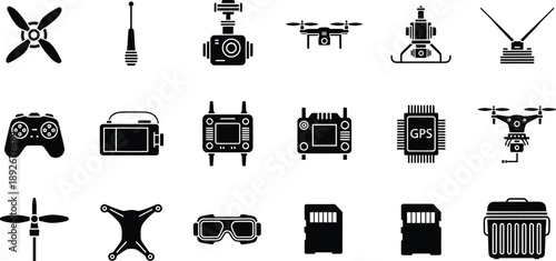 A comprehensive set of drone technology icons including parts, accessories, and components