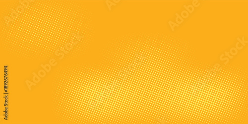 Yellow halftone pattern. Retro comic gradient background. Bright orange pixelated dotted texture overlay. Cartoon pop art faded gradient pattern. Vector backdrop for poster, banner, advertisement