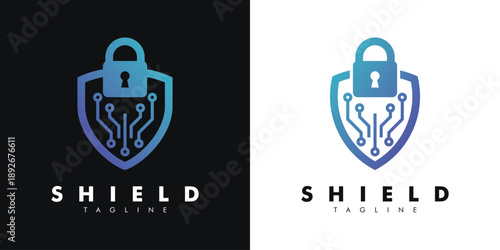 Cyber ​​security shield logo with circuit and padlock