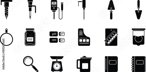 A collection of black and white icons for agriculture, gardening, and soil testing