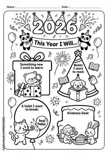 2026 goals cute doodle art illustation for New Year reset and new beginning