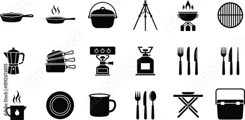 Collection of essential camping and hiking cooking equipment icons for outdoor adventures