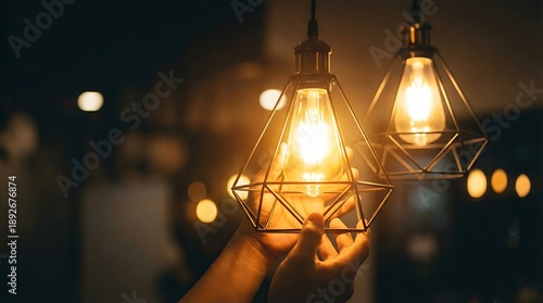 Person's hands holding a vintage Edison light bulb in a geometric pendant lamp image photo