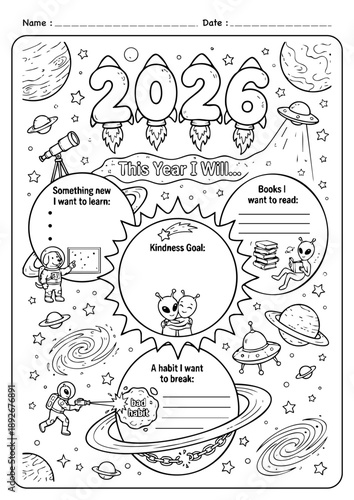 2026 goals cute doodle art illustation for New Year reset and new beginning