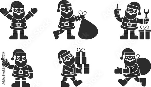 Black silhouette vector set featuring Santa Claus characters in various poses including waving carrying gift sacks and holding presents for Christmas holiday festive design