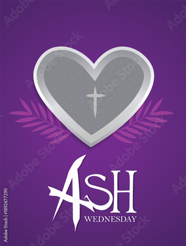 Ash Wednesday Christian Religious Poster With Cross Heart Symbol Purple Background