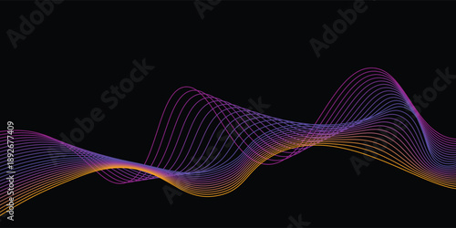 Neon flowing wavy lines on black background. Abstract sound wave design for ai concept, equalizer, audio record, voice assistant. Blue, pink orange gradient curve stripes. Vector wallpaper