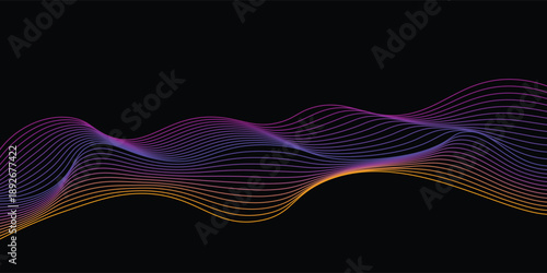Neon flowing wavy lines on black background. Abstract sound wave design for ai concept, equalizer, audio record, voice assistant. Blue, pink orange gradient curve stripes. Vector wallpaper