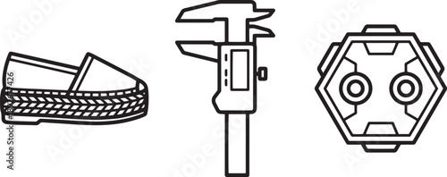 Summer casual shoe and vernier caliper tool with futuristic engine part vector illustration