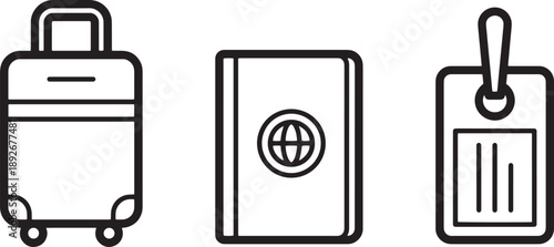 Travel suitcase, passport with globe icon, and luggage tag line art set, vacation essentials