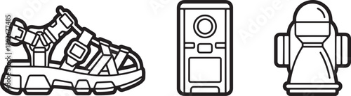 Trekking sandal with adjustable straps alongside digital tech device and hydrant component