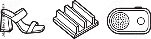 Women's shoes and accessories icon set block heel sandal radiator and speaker