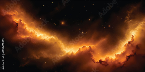 A beautiful sunset storm ignites the clouds with red and orange fire over a summer forest under an abstract heaven of light and color