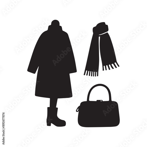 Winter Fashion Silhouettes Set Featuring Coat Scarf Overcoat Boot and Handbag Accessories Collection