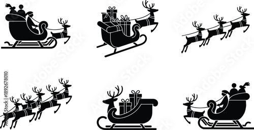 Black silhouette vector set featuring Santa Claus in a sleigh pulled by reindeer carrying Christmas gift boxes for holiday winter celebration and festive design