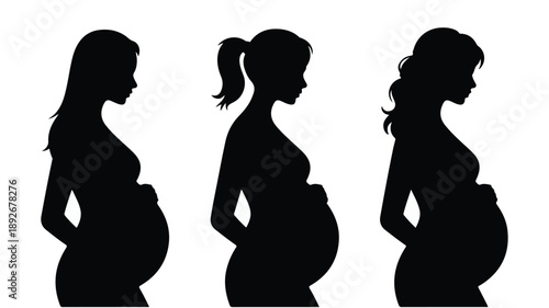 Set of Silhouette Profiles Representing Different Stages of Pregnancy and Maternity.