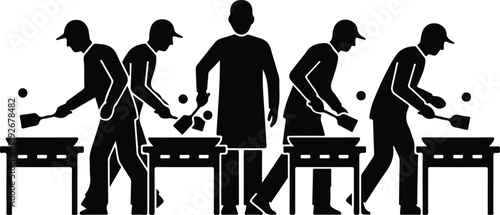 Several street food vendors cooking on griddle-like stalls, with a central figure observing, depicting a bustling outdoor food scene.