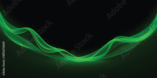An abstract green wave of smoky fractal curves creates a futuristic vector illustration featuring flowing light patterns and motion lines against a blue backdrop for a high-energy technology design