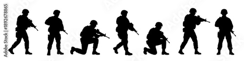 Soldier silhouettes with rifles in combat poses. Military infantry figures in tactical movement