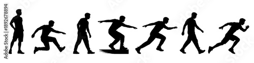 Male silhouettes performing parkour style movements. Dynamic urban athlete figures in motion and jumps