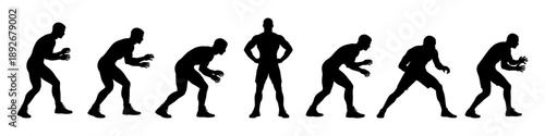 Wrestler silhouettes in dynamic fighting stances. Athletic combat figures preparing for attack