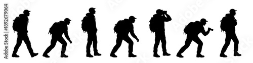 Hiker silhouettes walking with backpacks. Outdoor traveler figures in hiking poses