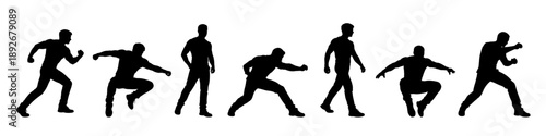 Fighter silhouettes in boxing and martial poses. Athletic combat figures showing punches and stances