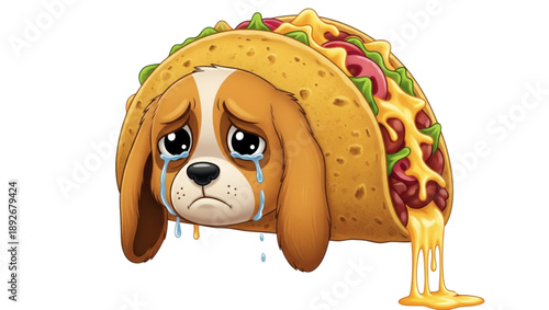 Sad cartoon dog holding taco with droopy shell and crying cheese vector illustration