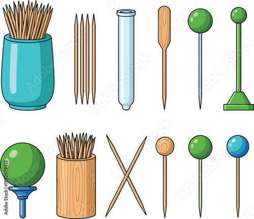 : Colorful vector illustrations of wooden toothpicks plastic picks and decorative holders for dining and oral hygiene।