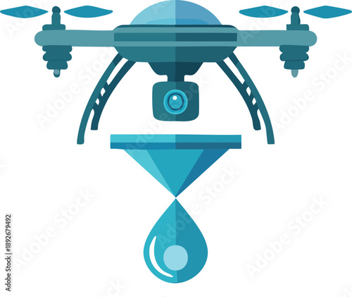 A blue drone with a camera hovers above a funnel from which a single water drop falls, illustrating data collection and filtering.