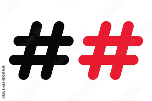 A graphic design featuring two hashtag symbols in black and red on a white background