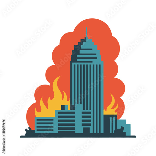 A graphic illustration of a city skyline with a large building on fire and flames engulfing the surrounding buildings.
