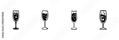 Champagne Flute Glasses With Bubbles In Hand Drawn Style Set. Celebration, Festive Toast, Party Drink Doodle Sketch Collection. Elegant Beverage Icons. Isolated Vector Illustration