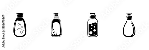 Hand Soap Dispenser Bottles In Hand Drawn Style Set. Personal Hygiene, Skincare, Liquid Soap Packaging Doodle Sketch Collection. Bathroom Essentials. Isolated Vector Illustration