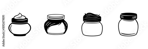 Jars Of Cream In Hand Drawn Style Set. Skincare, Beauty Products, Cosmetic Packaging Doodle Sketch Collection. Moisturizing And Nourishing. Isolated Vector Illustration