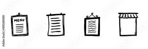 Restaurant Menu And Signage Icons In Hand Drawn Style Set. Dining Options, Food Selection, And Cafe Signage Doodle Sketch Collection. Hospitality And Culinary Art. Isolated Vector Illustration