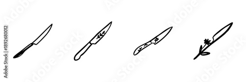 Knives With Herb Designs In Hand Drawn Style Set. Culinary Tools, Kitchen Utensils, Herb Decoration Doodle Sketch Collection. Cooking And Food Preparation. Isolated Vector Illustration