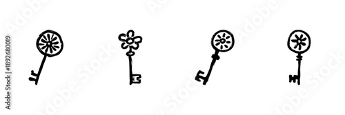 Keys With Floral Designs In Hand Drawn Style Set. Symbol Of Unlocking Potential, Growth, And Creativity Doodle Sketch Collection. Vintage Aesthetic. Isolated Vector Illustration