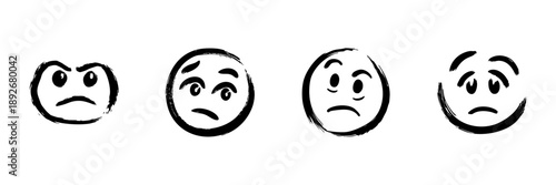 Four Expressive Faces In Hand Drawn Style Set. Emotional Expression, Mood Representation, Facial Reactions Doodle Sketch Collection. Isolated Vector Illustration