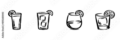 Various Cocktail Glasses With Lemon Slices In Hand Drawn Style Set. Refreshing Beverage, Summer Drink, Party Celebration Doodle Sketch Collection. Isolated Vector Illustration