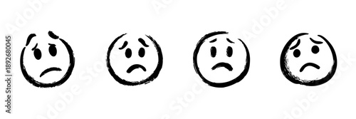 Sad Face Emoticons In Hand Drawn Style Set. Expressing Sadness, Concern, And Worry Doodle Sketch Collection. Emotional Expression Icons. Isolated Vector Illustration